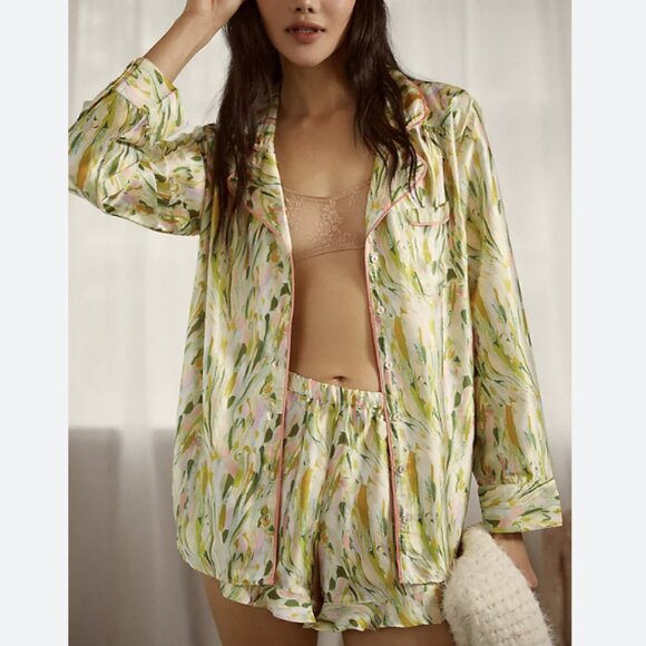 Anthropologie Ruffle Lounge Top and Shorts Pajama Set Button Up Green Pink XXS - Picture 1 of 16